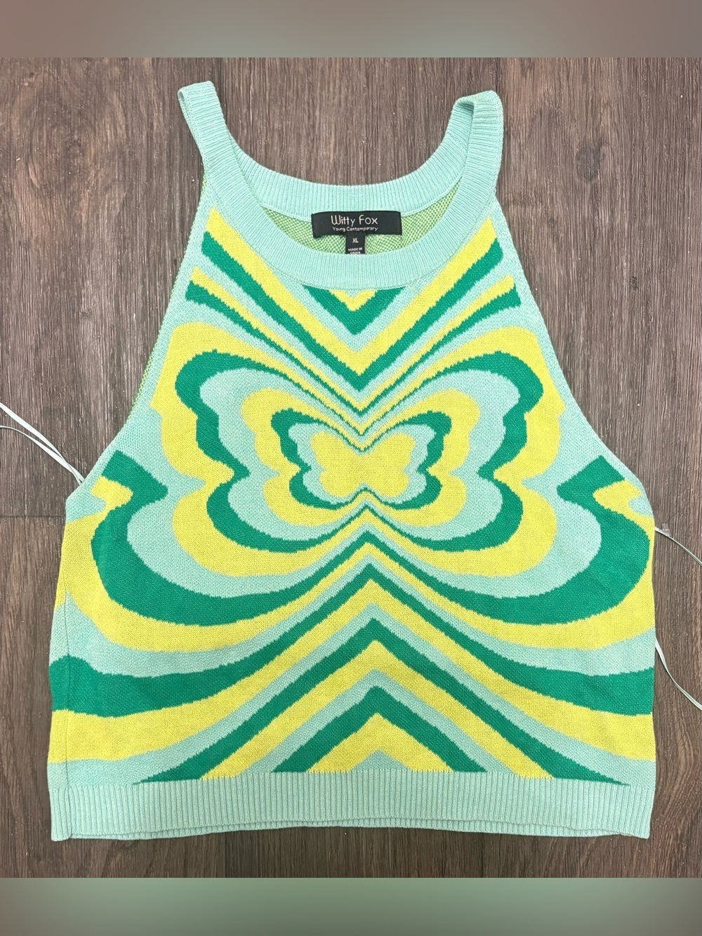 Witty Fox Butterfly Pattern Knit Tank Top XL Green Yellow Y2K Retro